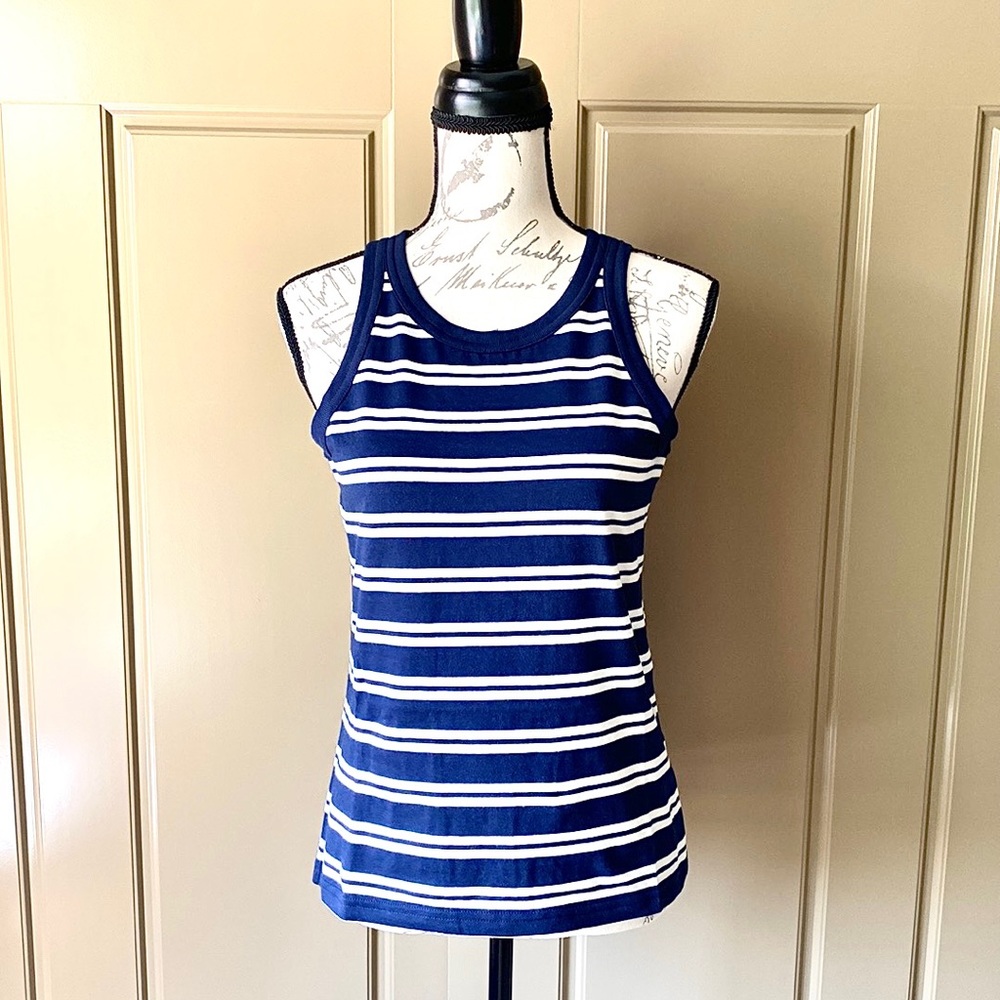 Everlane The Organic Cotton Cutaway Tank in Navy/Tan Strip NWT